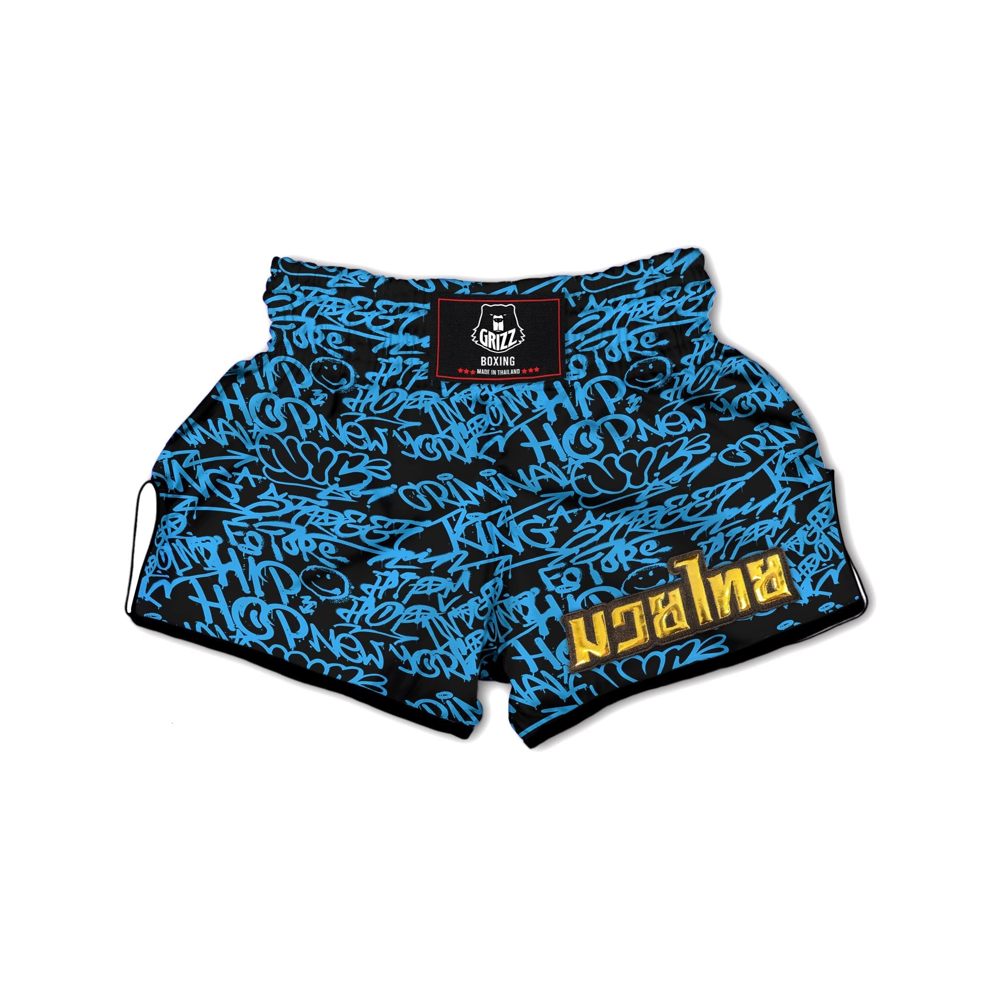 Hiphop Graffiti Blue Text Print Muay Thai Boxing Shorts-grizzshop