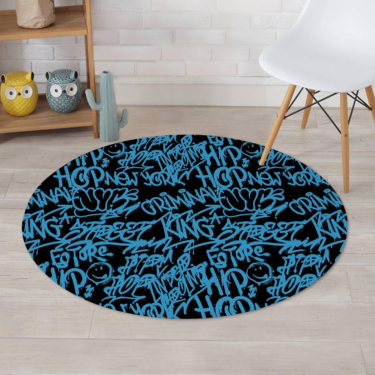 Hiphop Graffiti Blue Text Print Round Rug-grizzshop