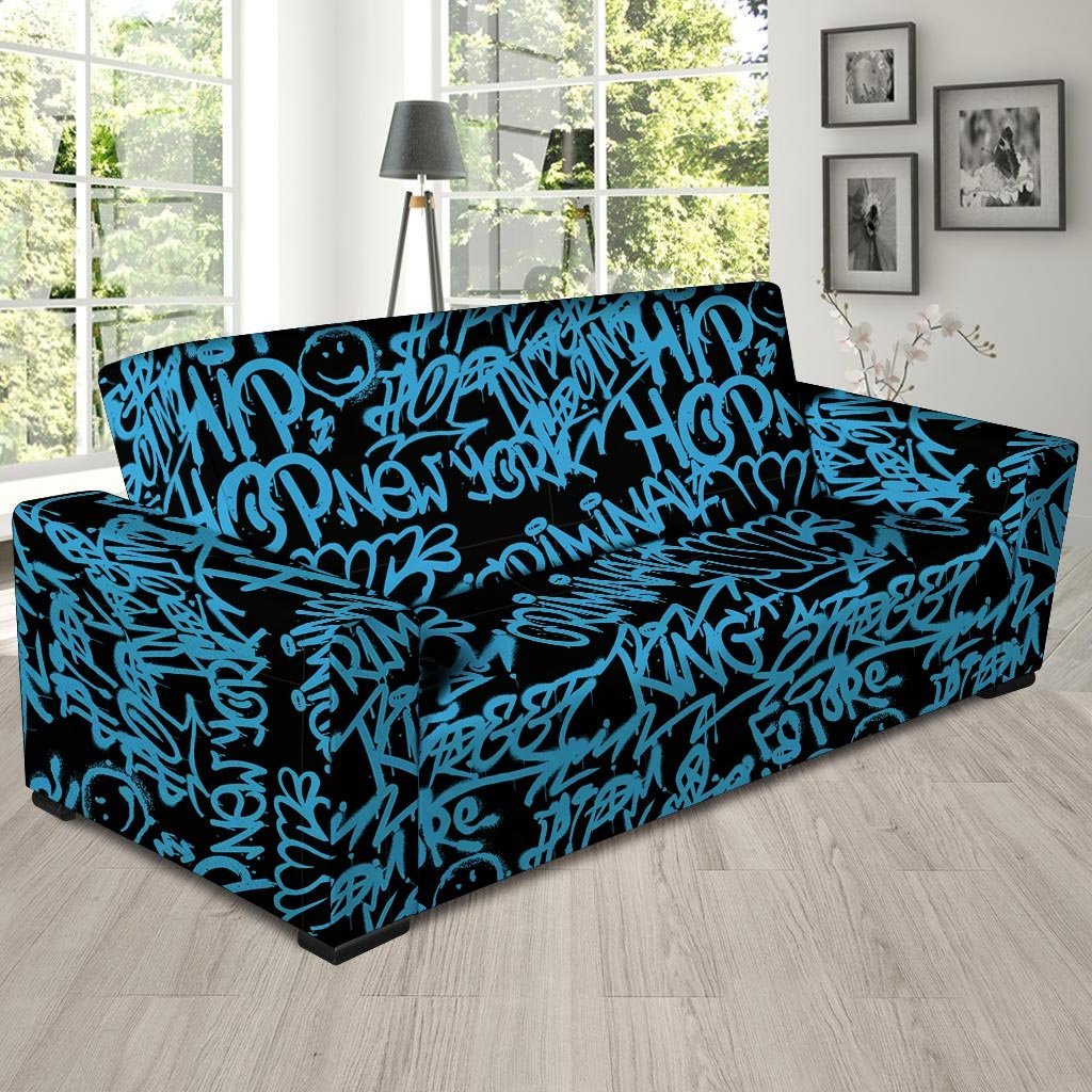 Hiphop Graffiti Blue Text Print Sofa Cover-grizzshop