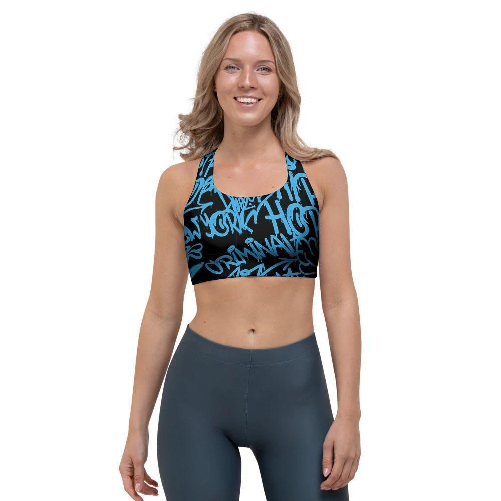 Hiphop Graffiti Blue Text Print Sports Bra-grizzshop