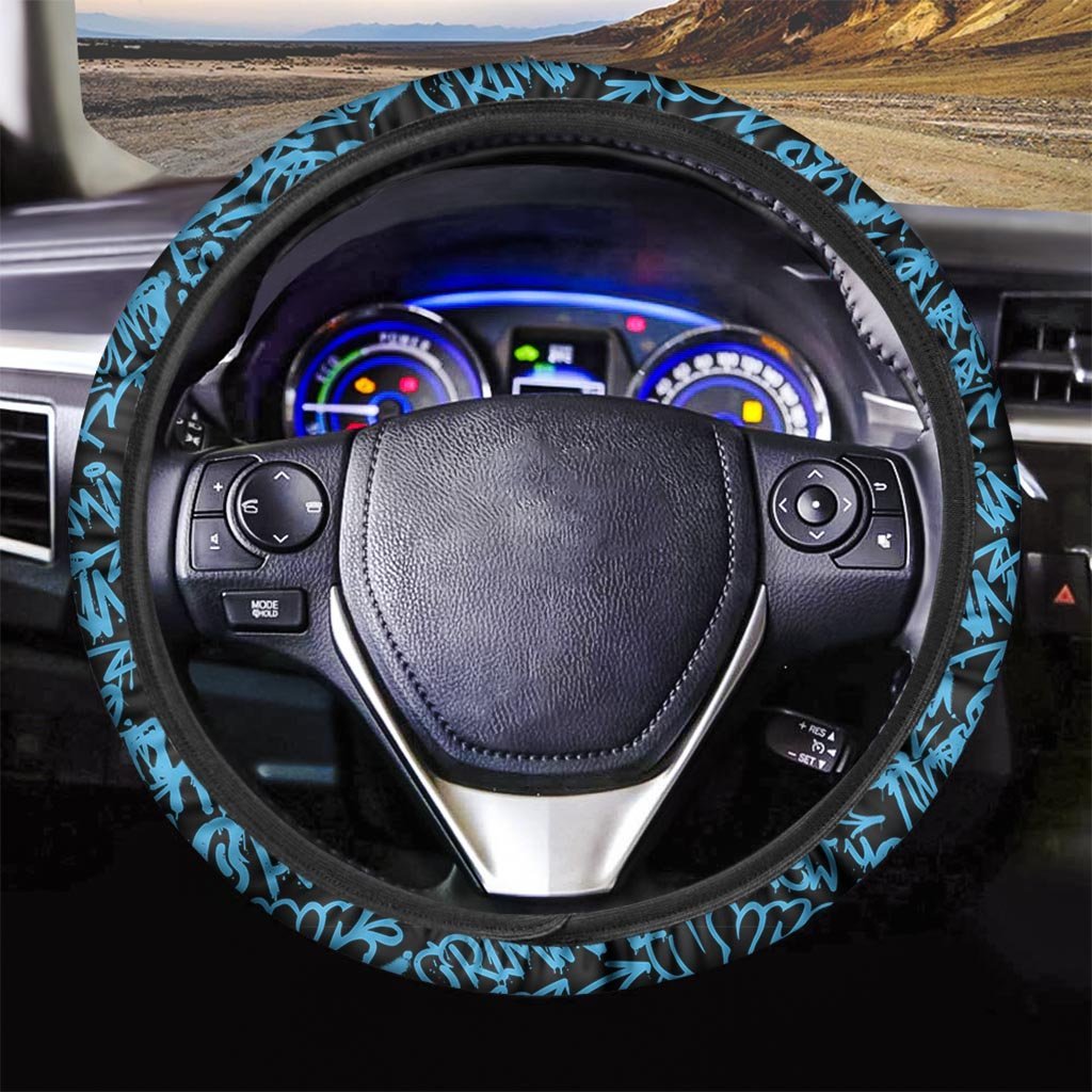 Hiphop Graffiti Blue Text Print Steering Wheel Cover-grizzshop