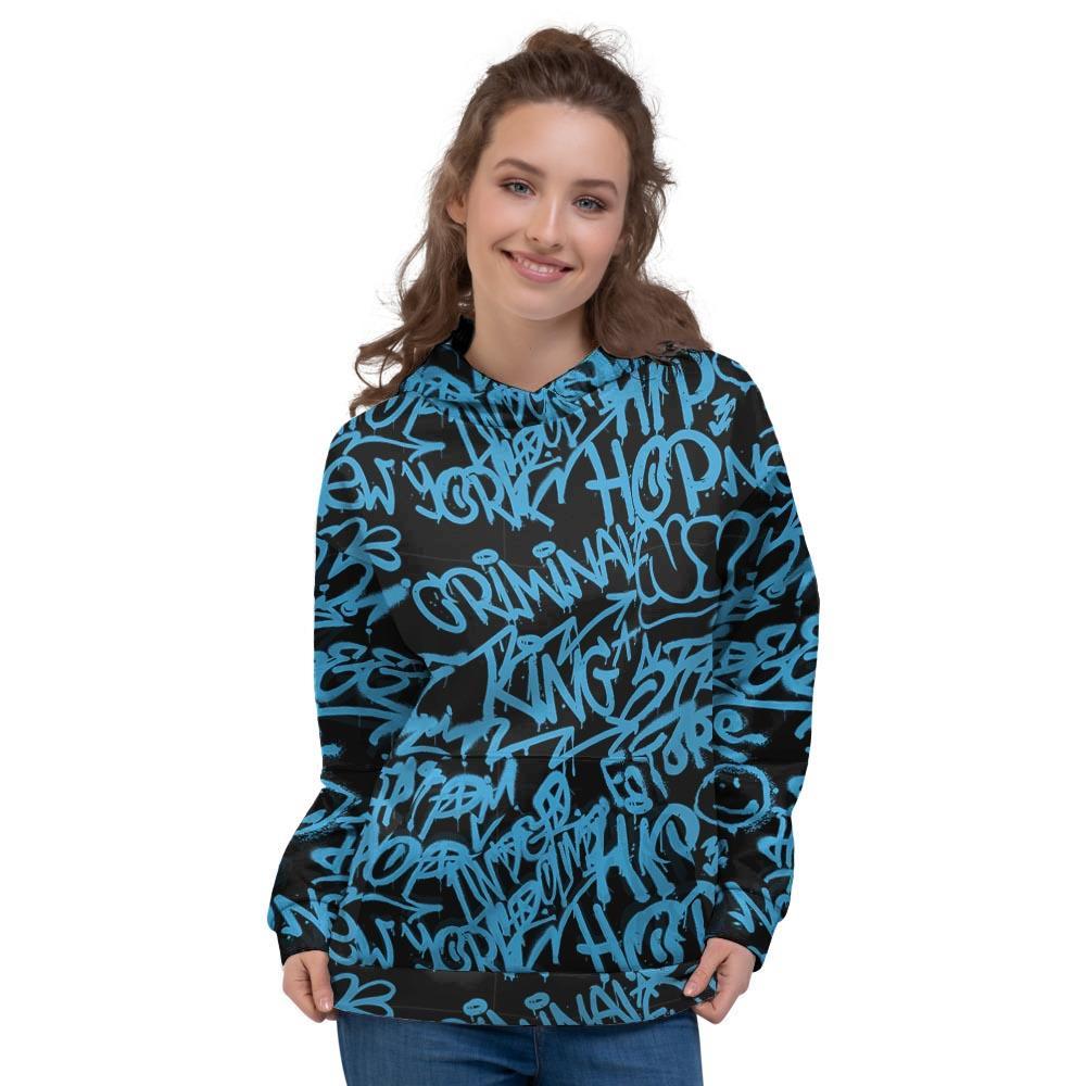 Hiphop Graffiti Blue Text Print Women's Hoodie-grizzshop