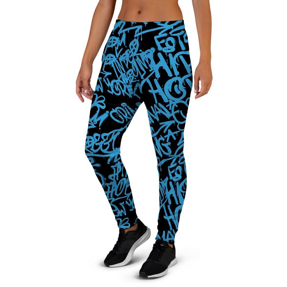 Hiphop Graffiti Blue Text Print Women's Joggers-grizzshop