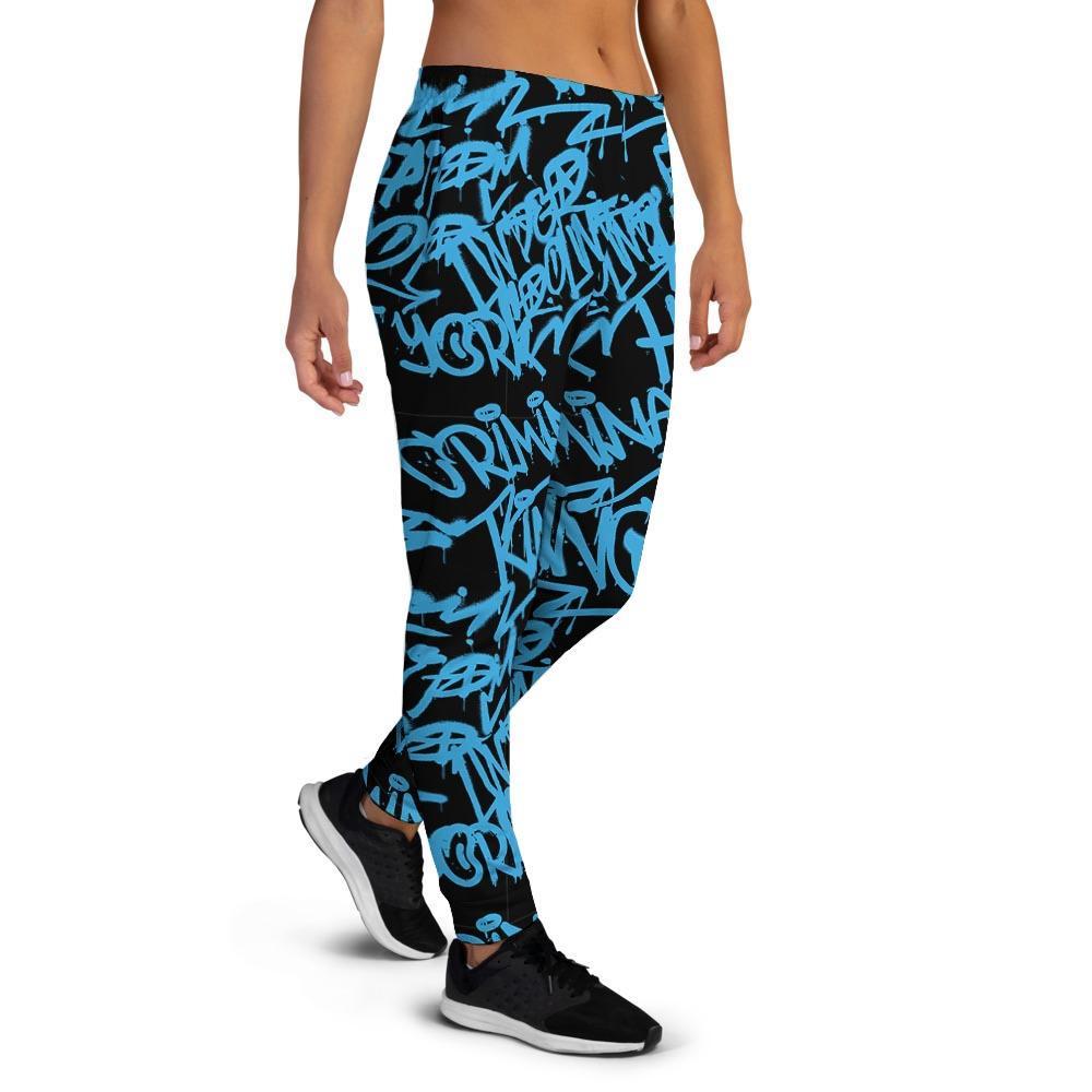 Hiphop Graffiti Blue Text Print Women's Joggers-grizzshop