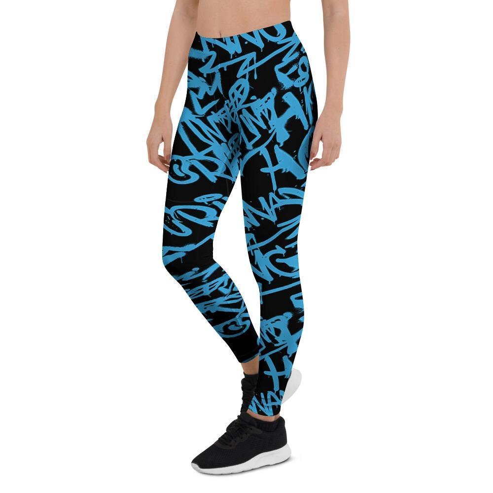 Hiphop Graffiti Blue Text Print Women's Leggings-grizzshop