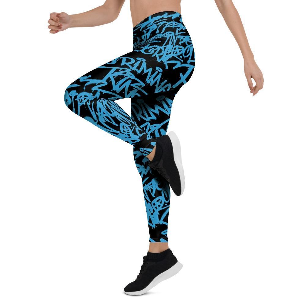 Hiphop Graffiti Blue Text Print Women's Leggings-grizzshop