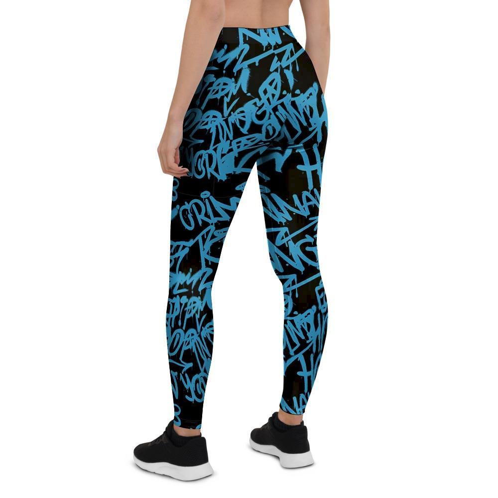 Hiphop Graffiti Blue Text Print Women's Leggings-grizzshop