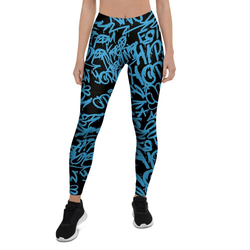 Hiphop Graffiti Blue Text Print Women's Leggings-grizzshop