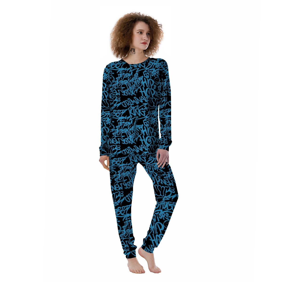 Hiphop Graffiti Blue Text Print Women's Pajamas-grizzshop