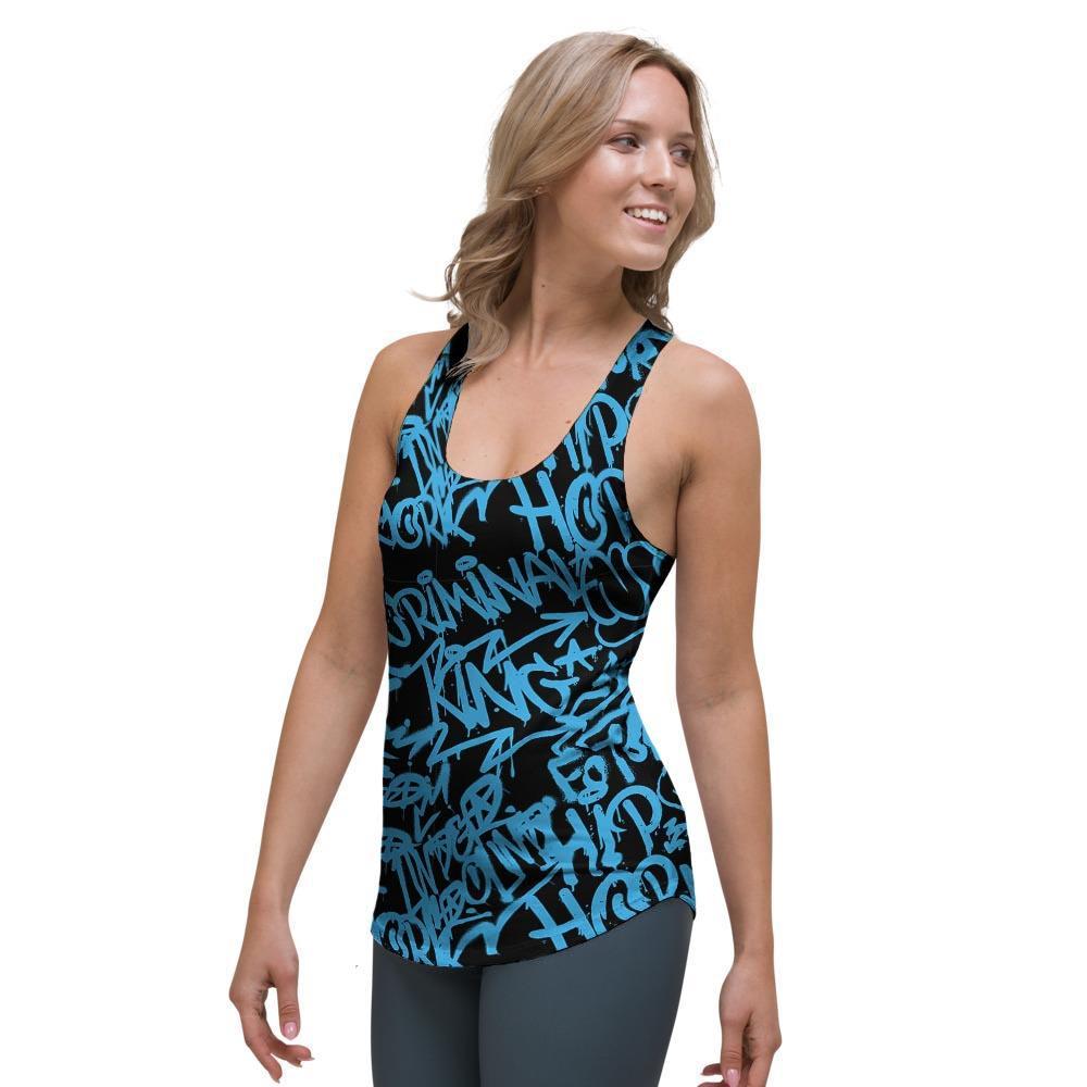 Hiphop Graffiti Blue Text Print Women's Racerback Tank Top-grizzshop