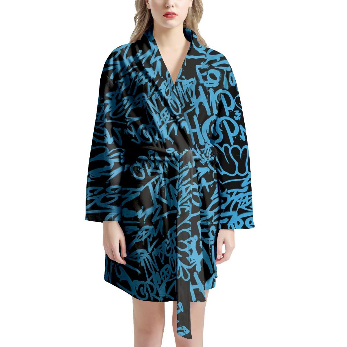 Hiphop Graffiti Blue Text Print Women's Robe-grizzshop