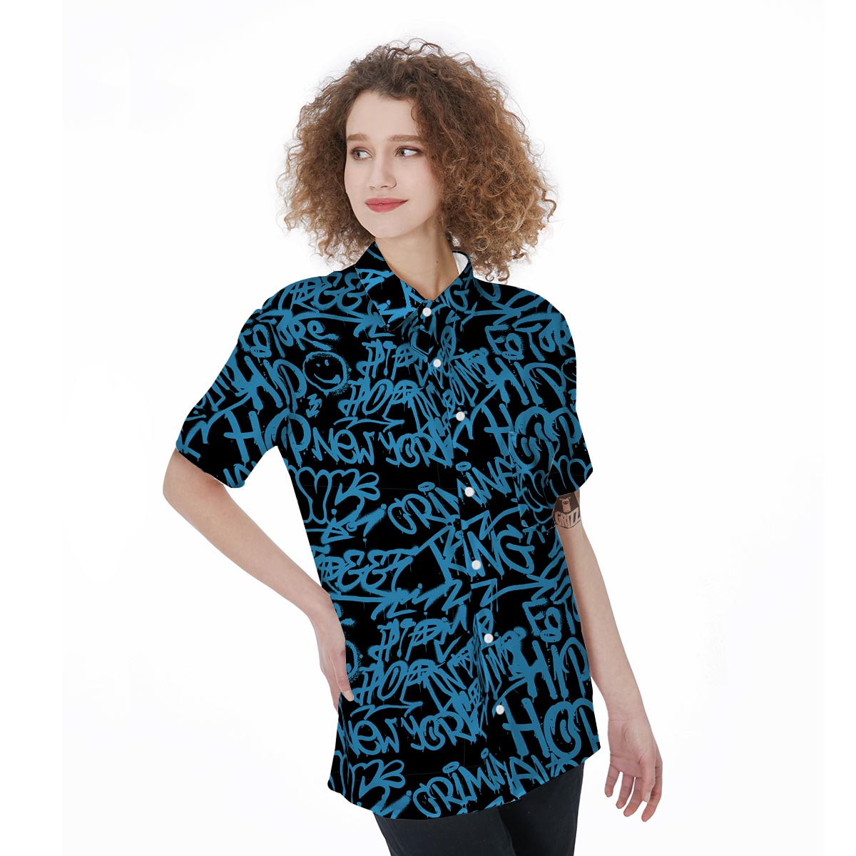 Hiphop Graffiti Blue Text Print Women's Short Sleeve Shirts-grizzshop