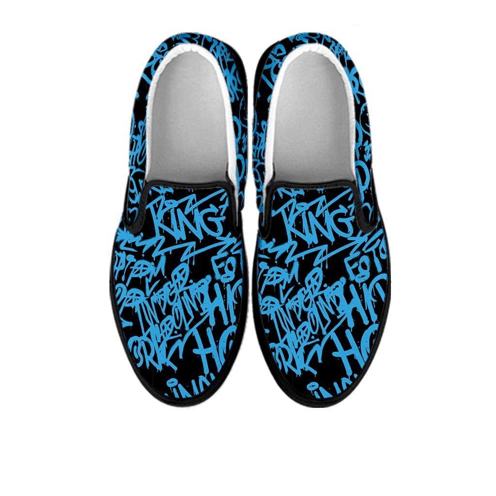Hiphop Graffiti Blue Text Print Women's Slip On Sneakers-grizzshop