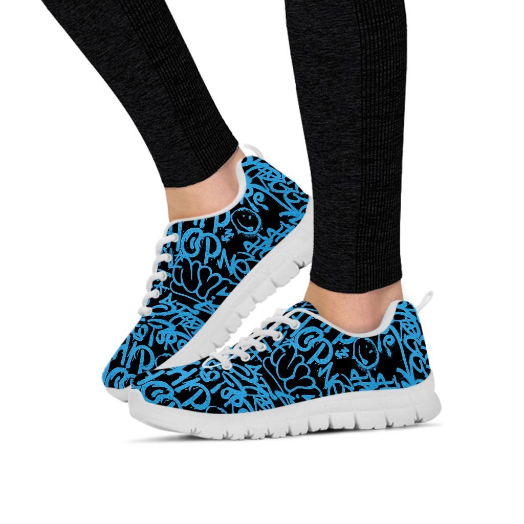 Hiphop Graffiti Blue Text Print Women's Sneakers-grizzshop