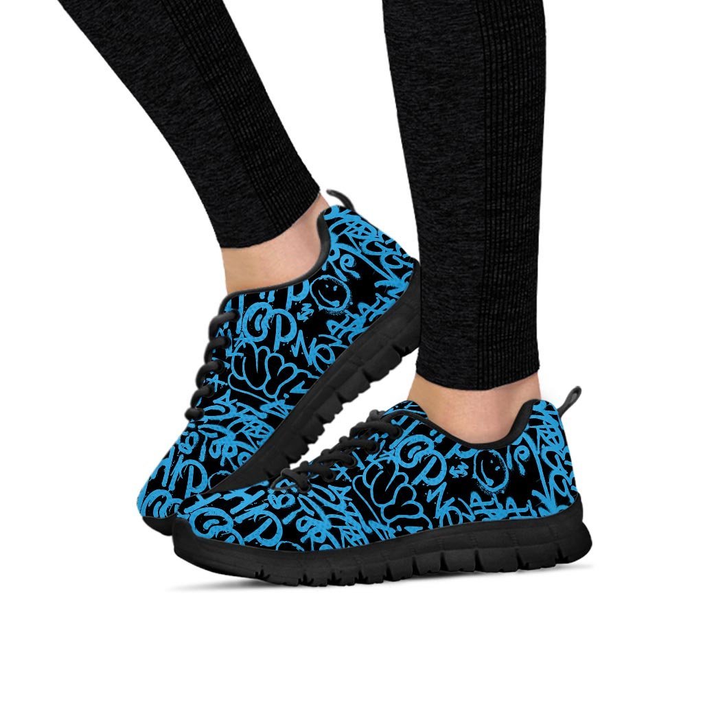 Hiphop Graffiti Blue Text Print Women's Sneakers-grizzshop