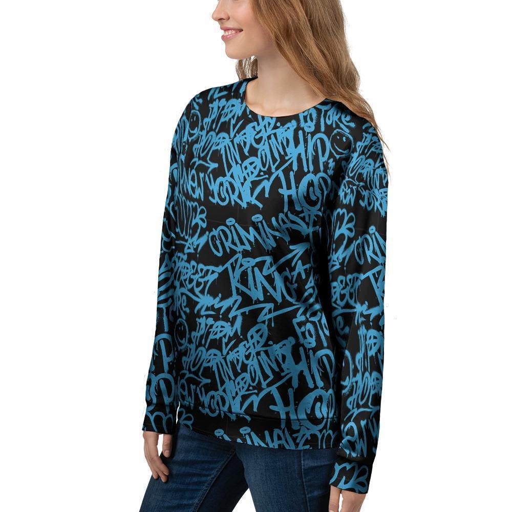 Hiphop Graffiti Blue Text Print Women's Sweatshirt-grizzshop