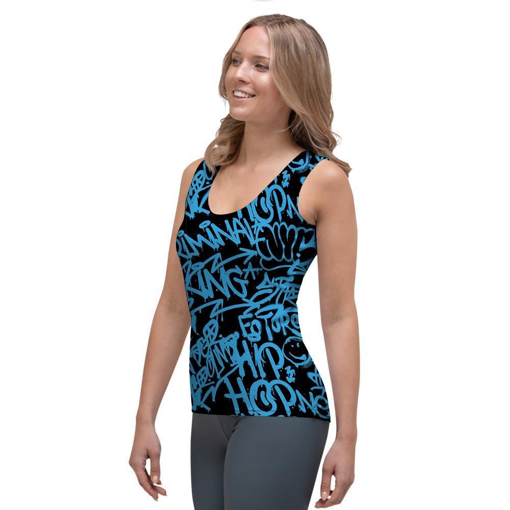 Hiphop Graffiti Blue Text Print Women's Tank Top-grizzshop