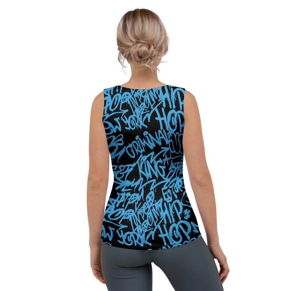 Hiphop Graffiti Blue Text Print Women's Tank Top-grizzshop