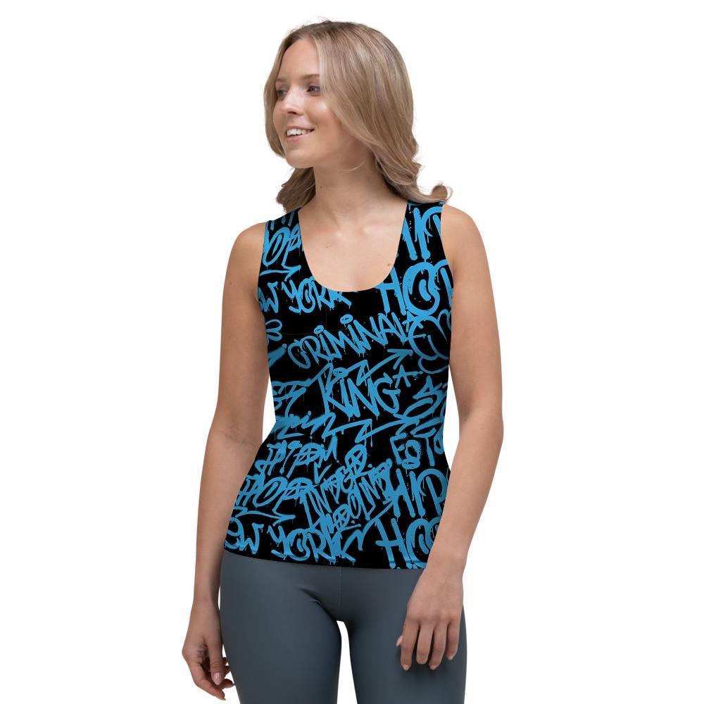 Hiphop Graffiti Blue Text Print Women's Tank Top-grizzshop