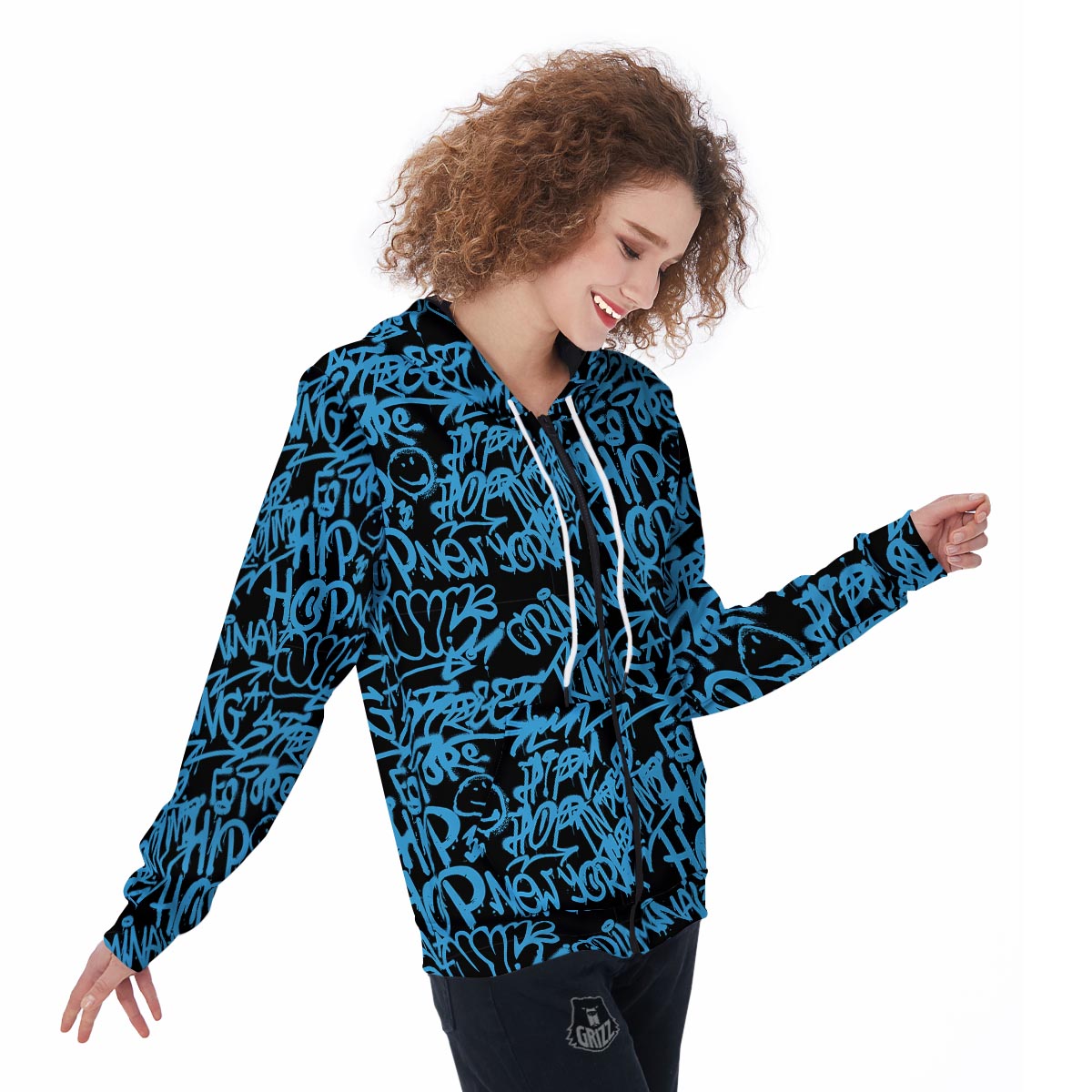 Hiphop Graffiti Blue Text Print Women's Zip Up Hoodie-grizzshop