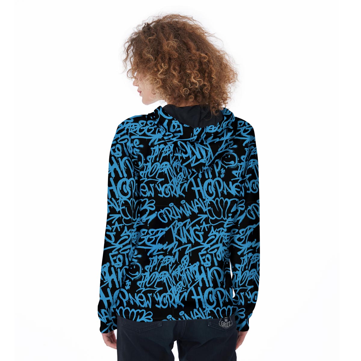 Hiphop Graffiti Blue Text Print Women's Zip Up Hoodie-grizzshop