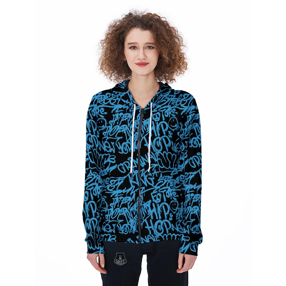 Hiphop Graffiti Blue Text Print Women's Zip Up Hoodie-grizzshop