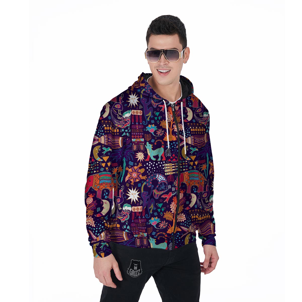 Hippie Aztec Men's Zip Up Hoodie-grizzshop