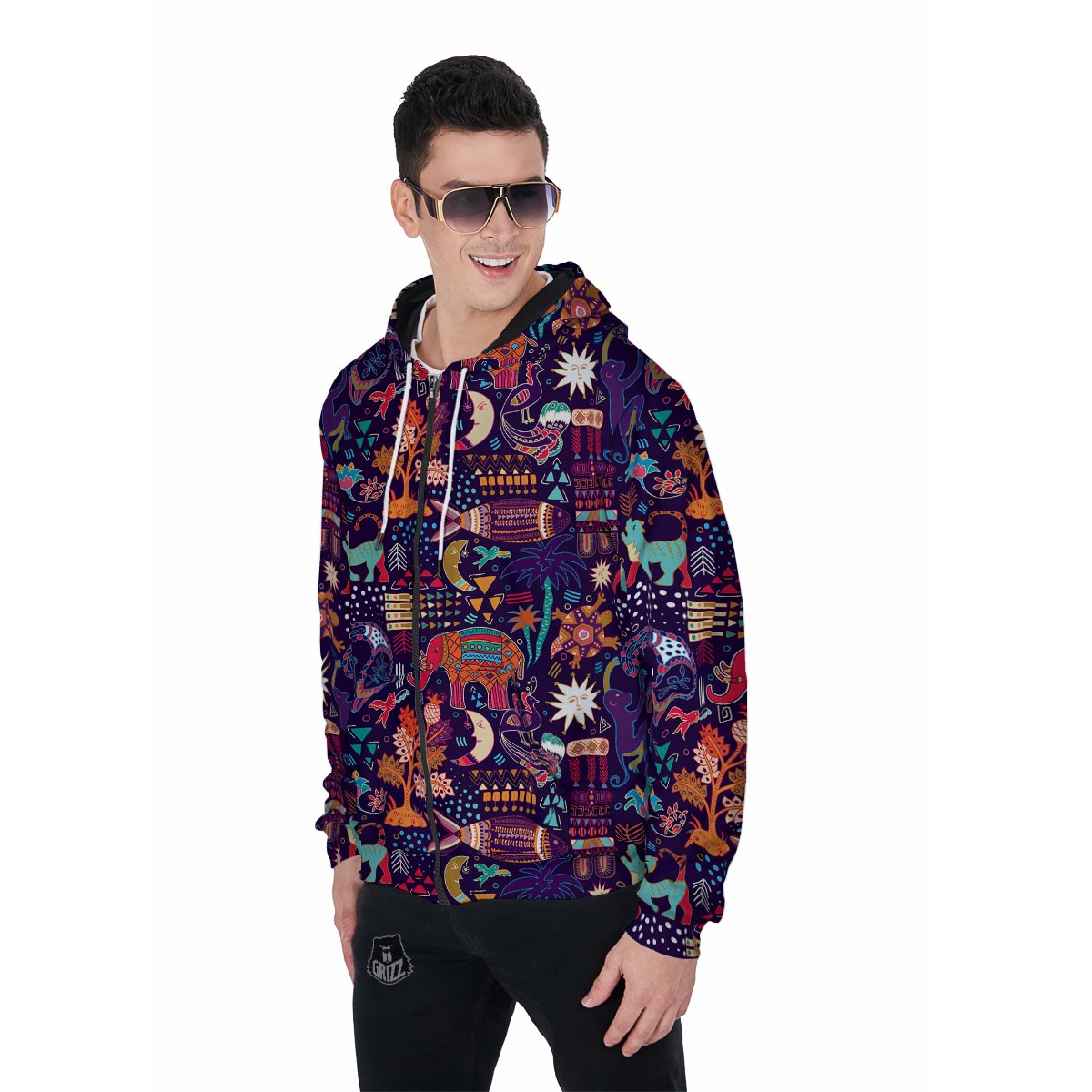 Hippie Aztec Men's Zip Up Hoodie-grizzshop