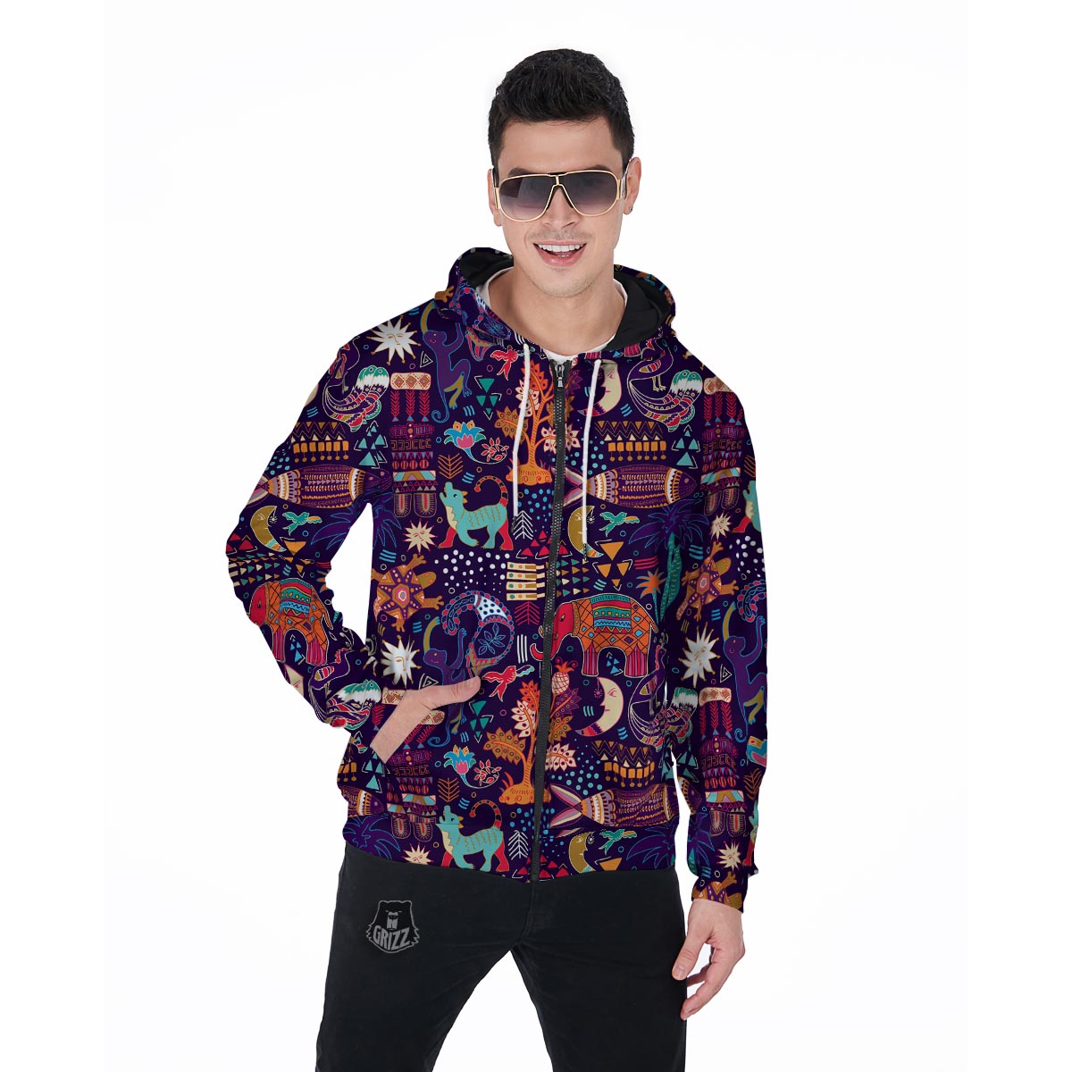 Hippie Aztec Men's Zip Up Hoodie-grizzshop