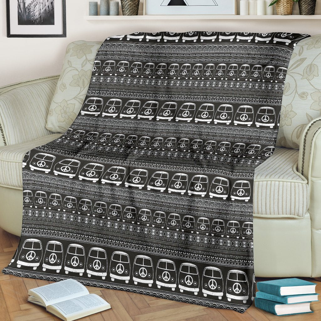 Hippie Aztec Van Peace Sign Pattern Print Blanket-grizzshop