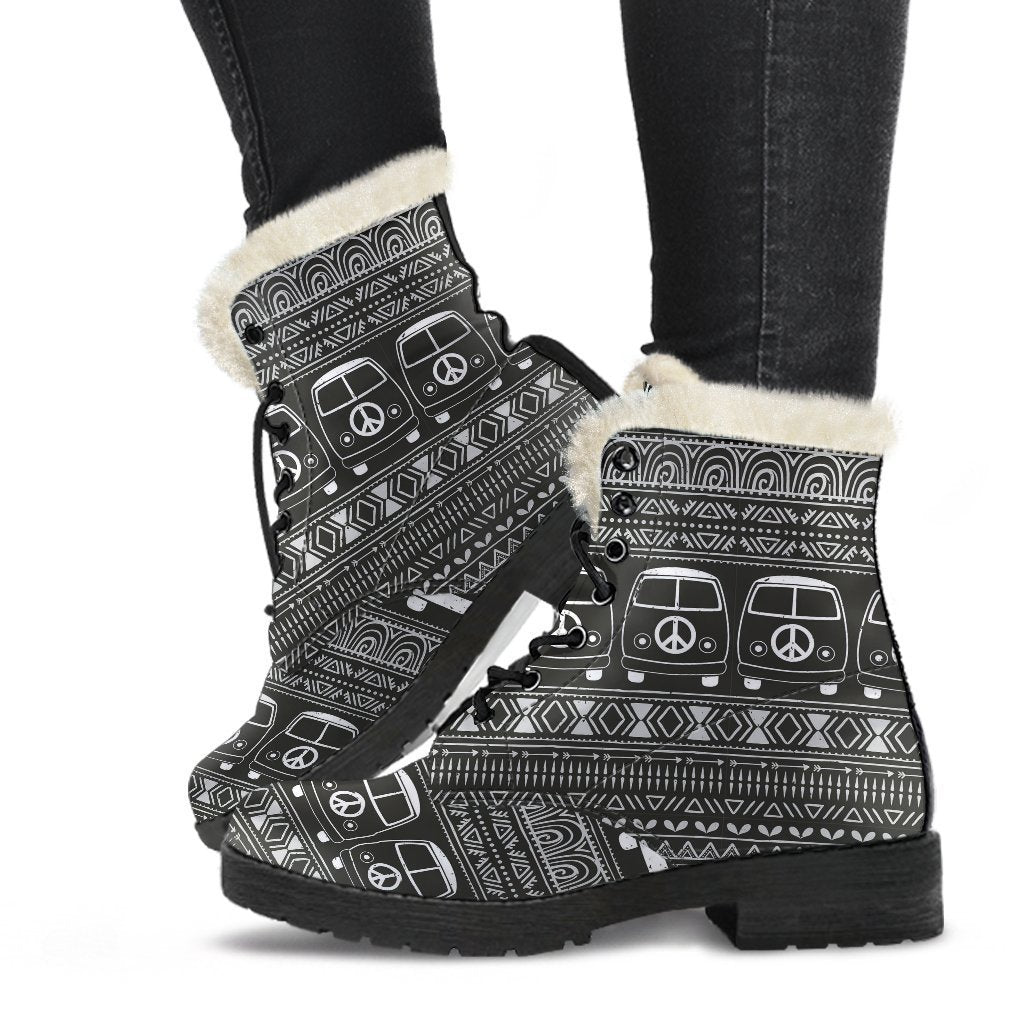 Hippie Aztec Van Peace Sign Pattern Print Comfy Winter Boots-grizzshop