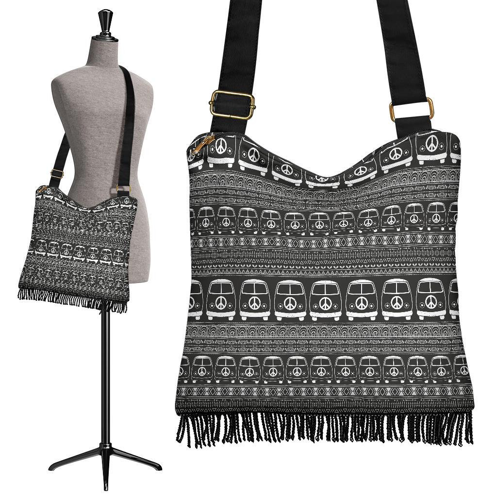 Hippie Aztec Van Peace Sign Pattern Print Crossbody Bags-grizzshop