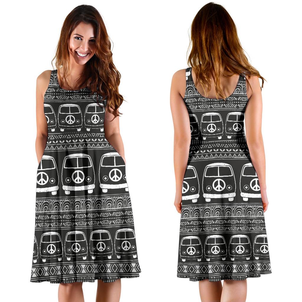 Hippie Aztec Van Peace Sign Pattern Print Dress-grizzshop