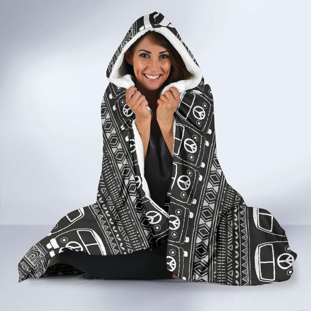 Hippie Aztec Van Peace Sign Pattern Print Hooded Blanket-grizzshop