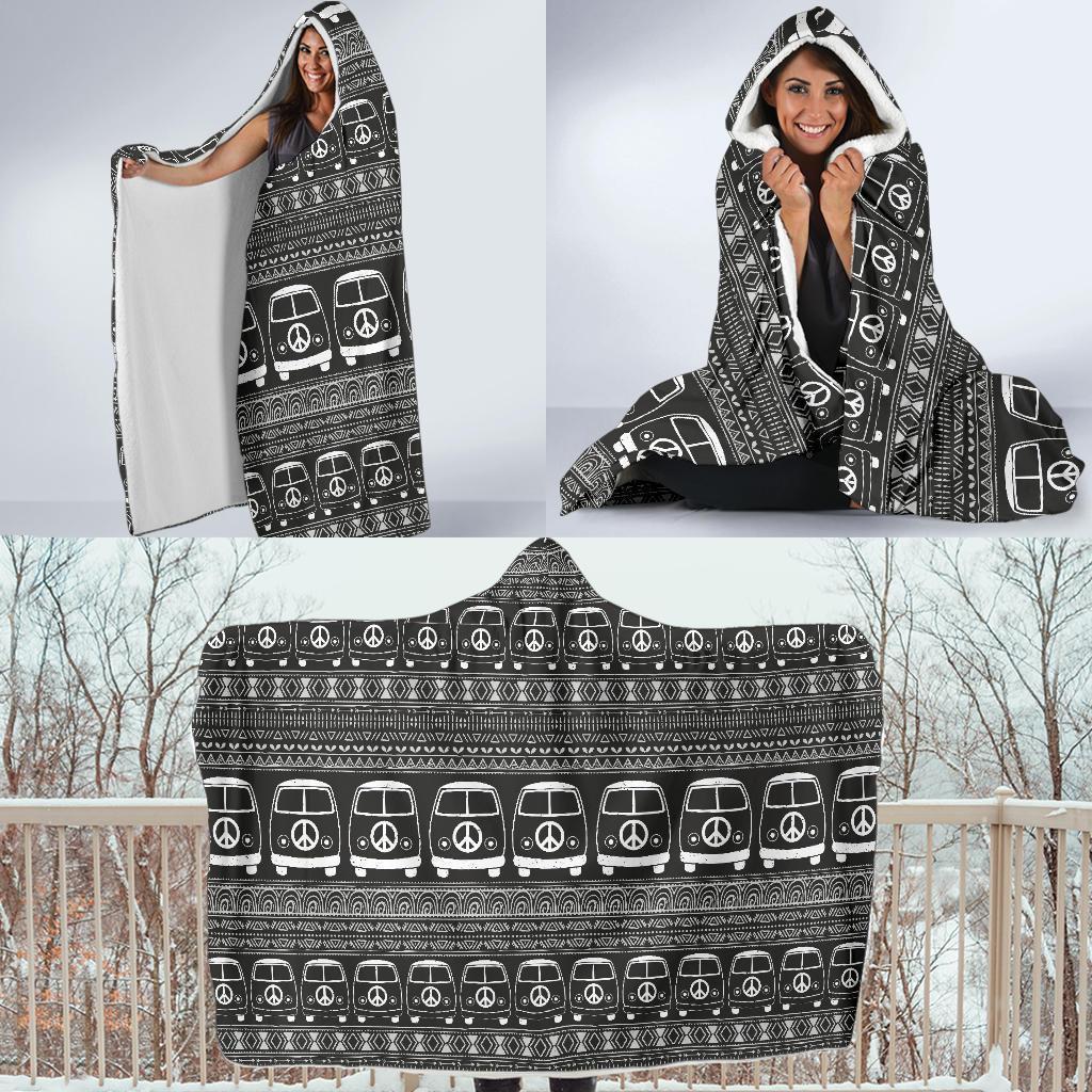 Hippie Aztec Van Peace Sign Pattern Print Hooded Blanket-grizzshop