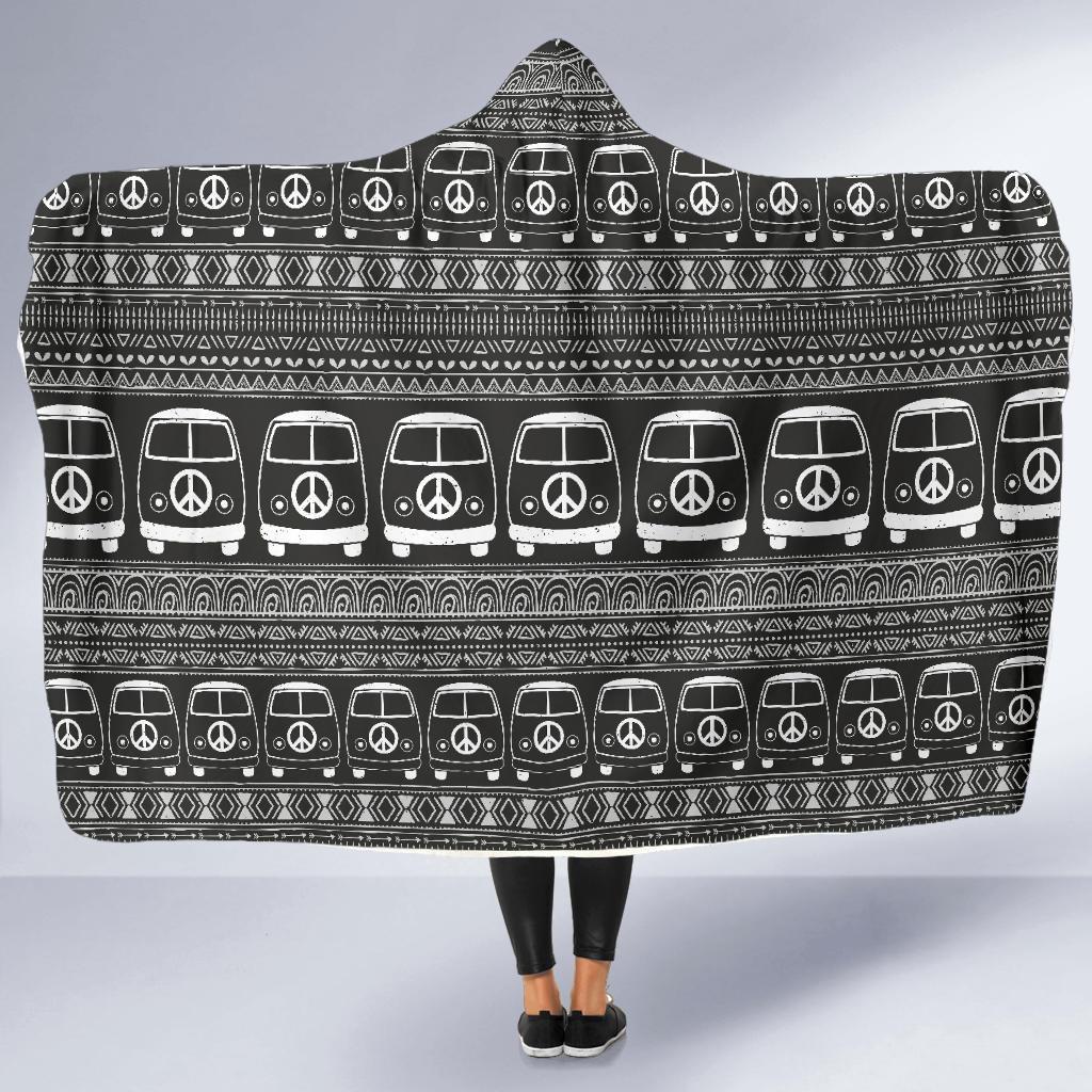 Hippie Aztec Van Peace Sign Pattern Print Hooded Blanket-grizzshop