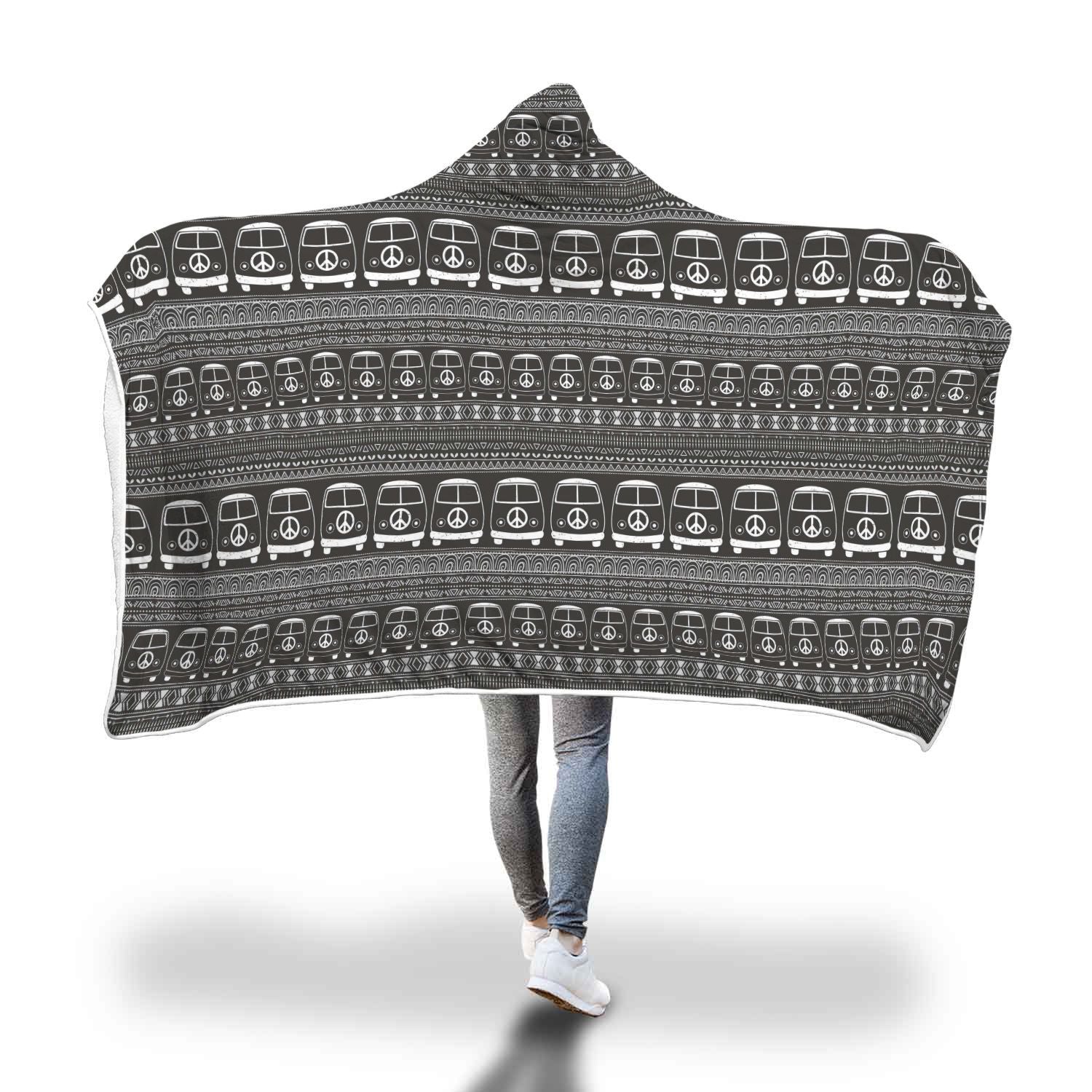 Hippie Aztec Van Peace Sign Pattern Print Hooded Blanket-grizzshop