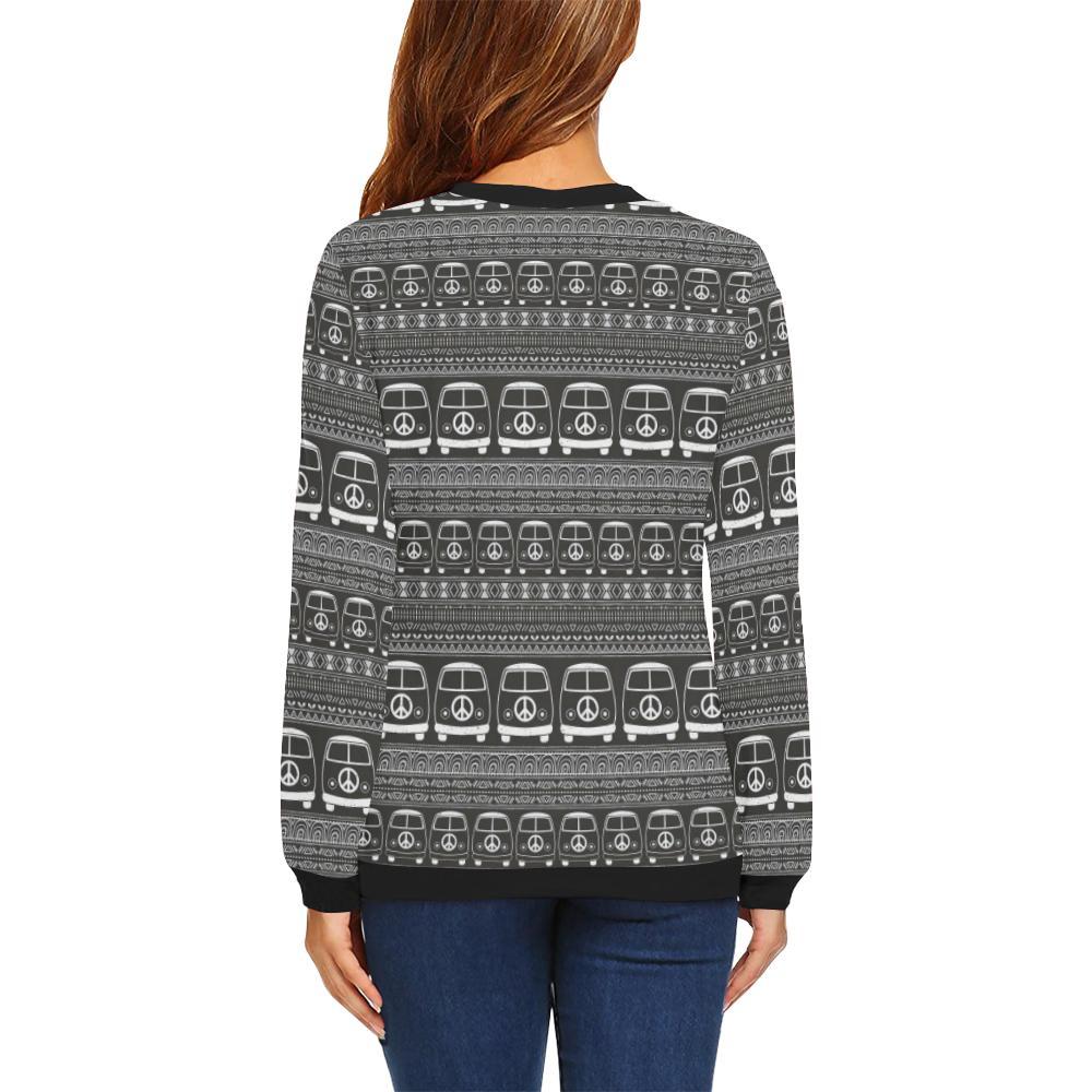 Hippie Aztec Van Peace Sign Pattern Print Women Crewneck Sweatshirt-grizzshop