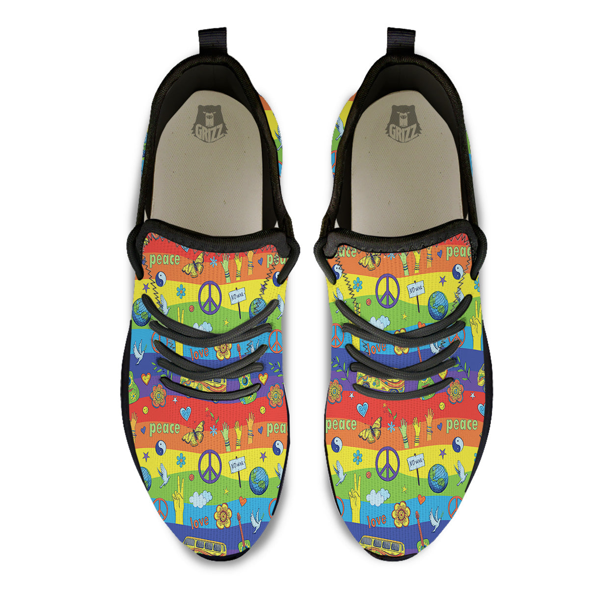 Hippie Drawing Psychedelic Wave Print Pattern Black Athletic Shoes-grizzshop