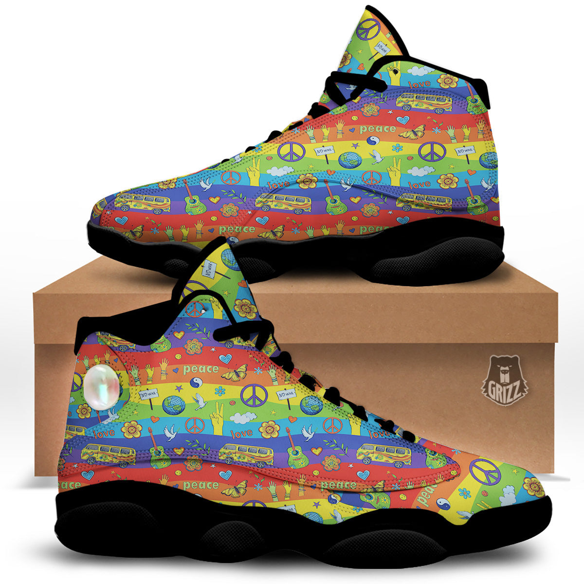 Hippie Drawing Psychedelic Wave Print Pattern Black Basketball Shoes-grizzshop