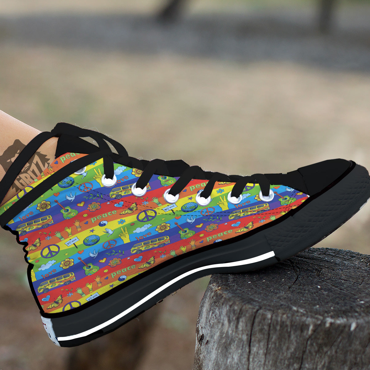 Hippie Drawing Psychedelic Wave Print Pattern Black High Top Shoes-grizzshop