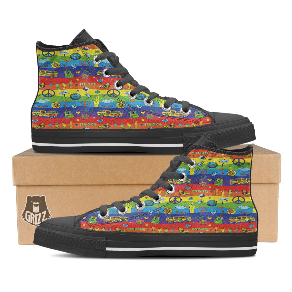 Hippie Drawing Psychedelic Wave Print Pattern Black High Top Shoes-grizzshop