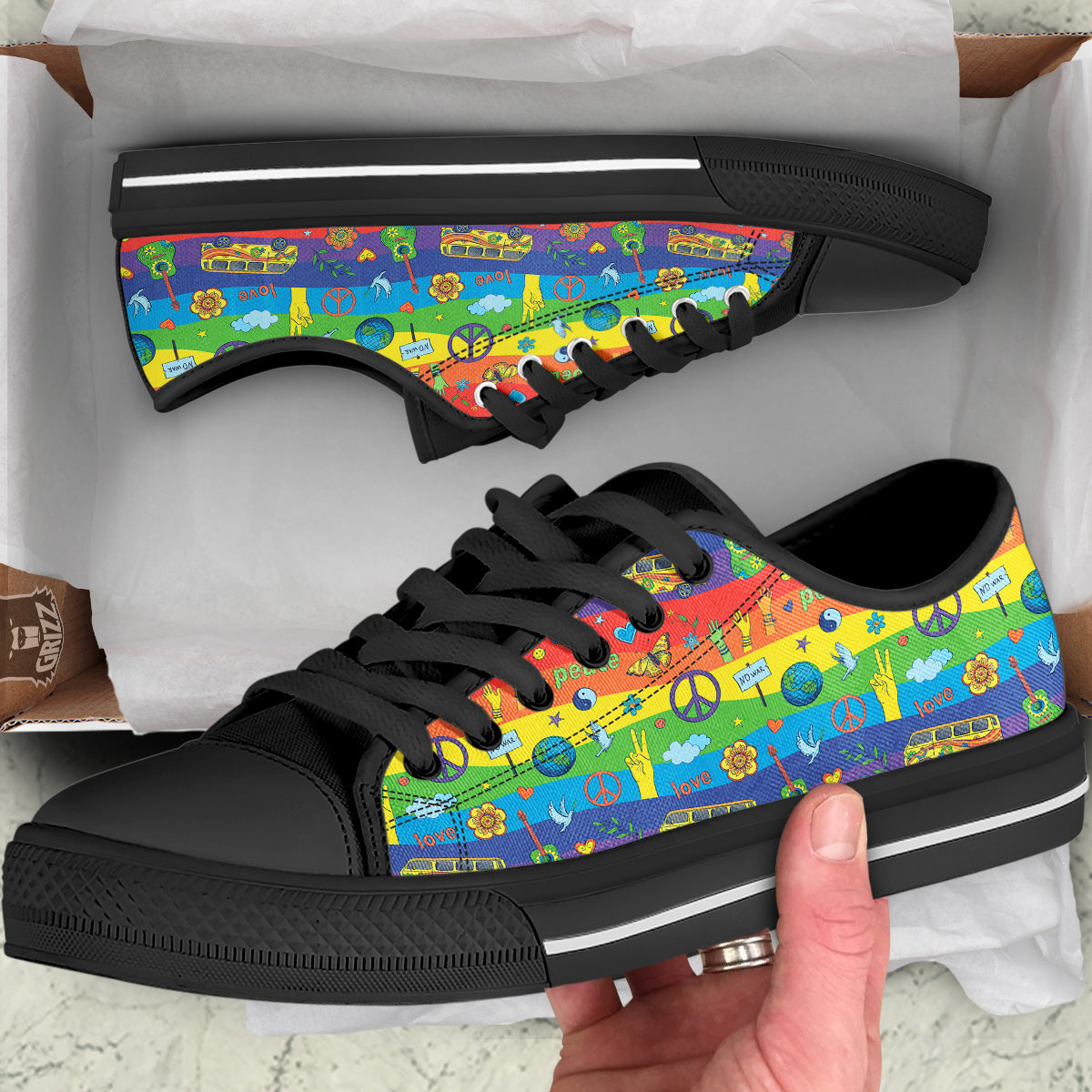 Hippie Drawing Psychedelic Wave Print Pattern Black Low Top Shoes-grizzshop