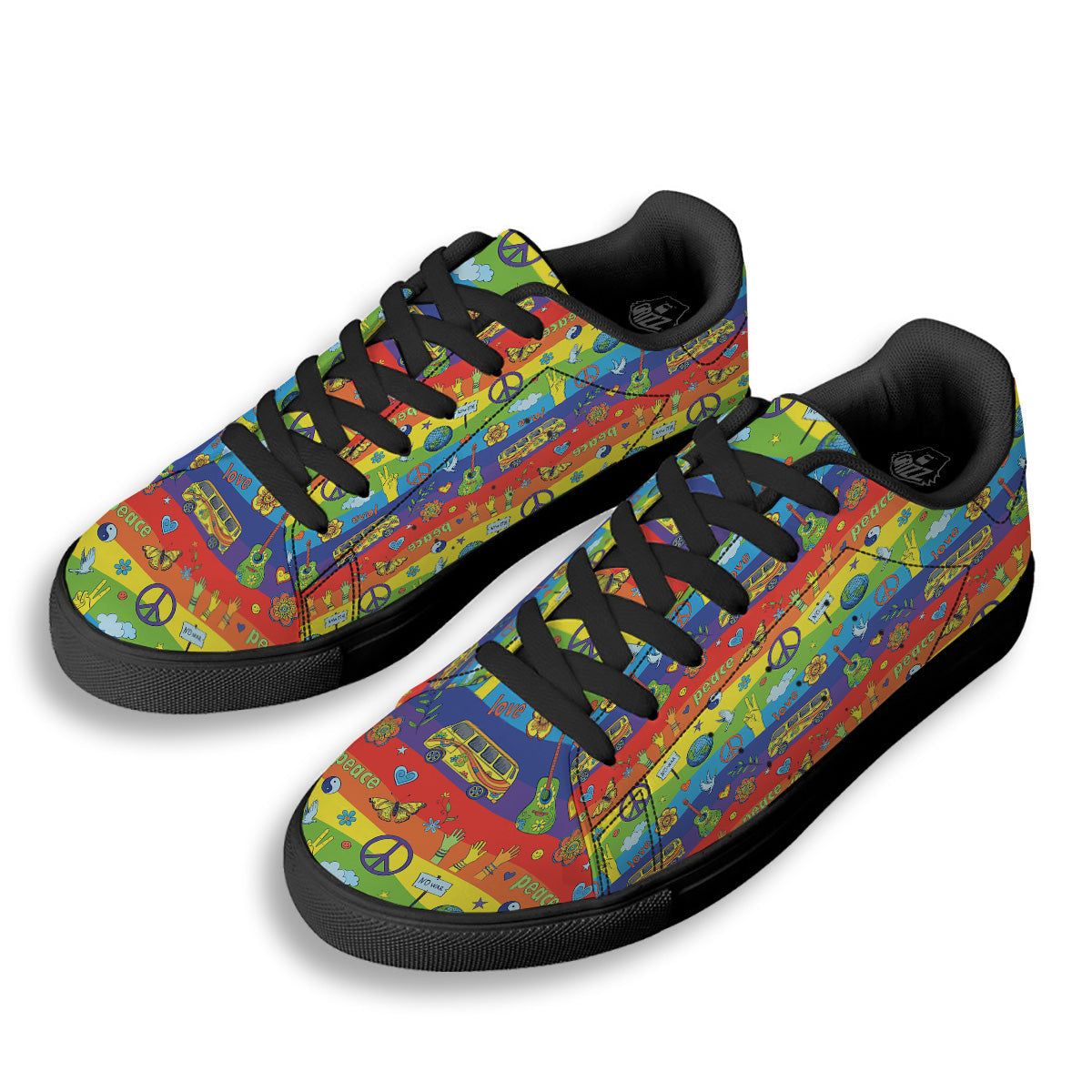 Hippie Drawing Psychedelic Wave Print Pattern Black Low Top Sneakers-grizzshop