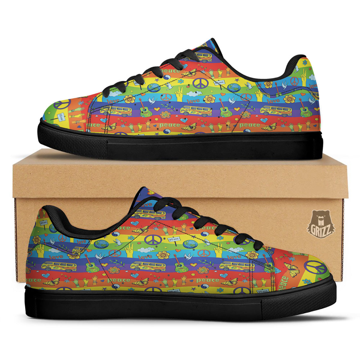 Hippie Drawing Psychedelic Wave Print Pattern Black Low Top Sneakers-grizzshop