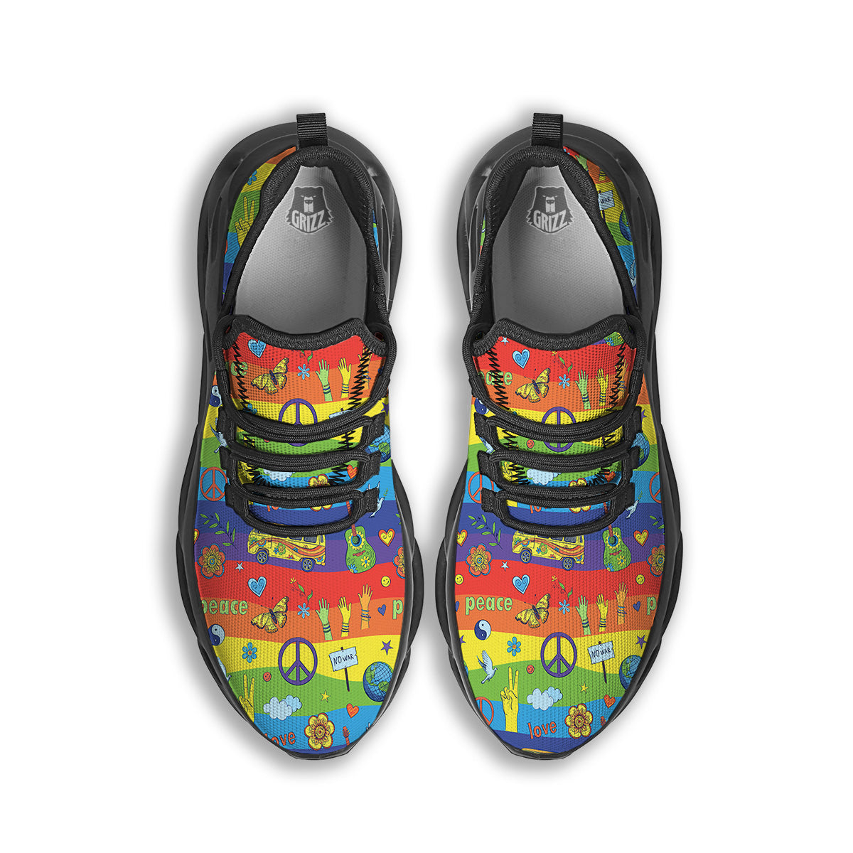Hippie Drawing Psychedelic Wave Print Pattern Black Running Shoes-grizzshop