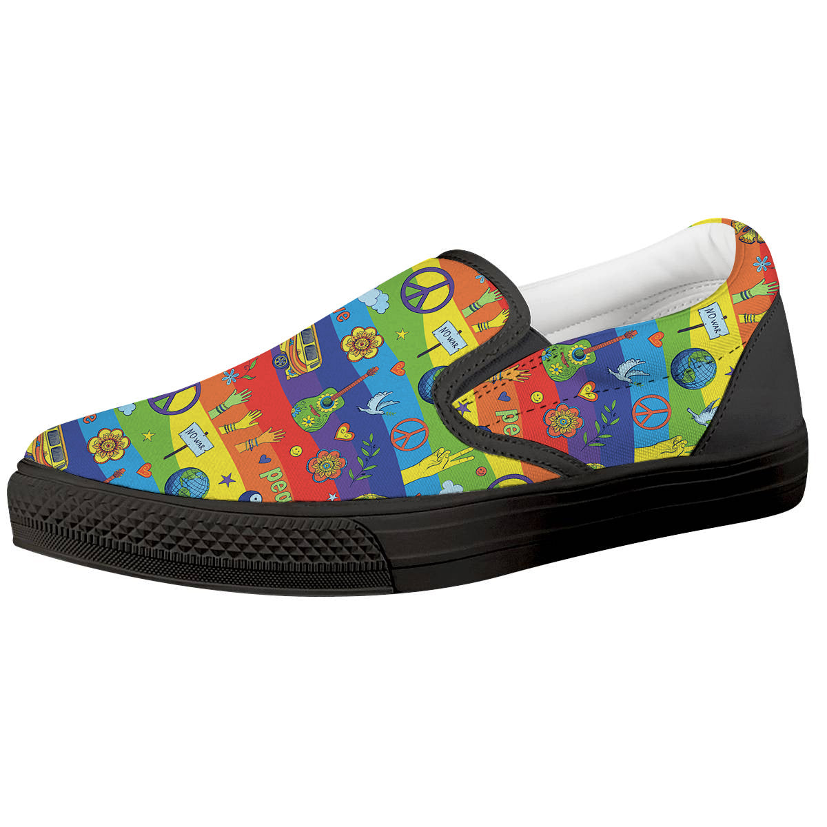 Hippie Drawing Psychedelic Wave Print Pattern Black Slip On Shoes-grizzshop