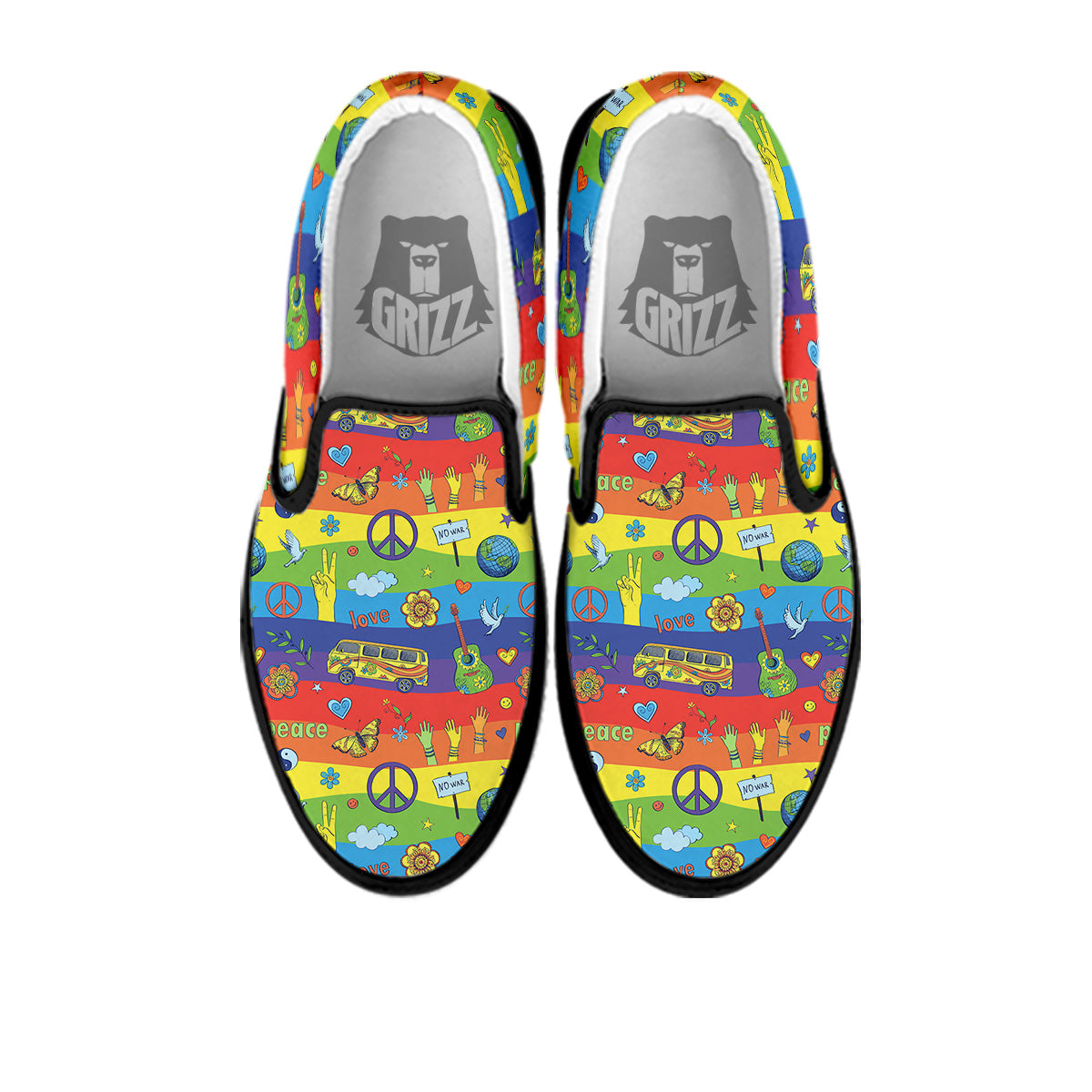 Hippie Drawing Psychedelic Wave Print Pattern Black Slip On Shoes-grizzshop