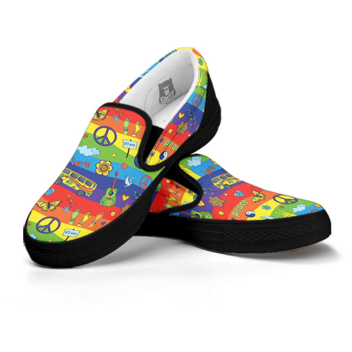 Hippie Drawing Psychedelic Wave Print Pattern Black Slip On Shoes-grizzshop