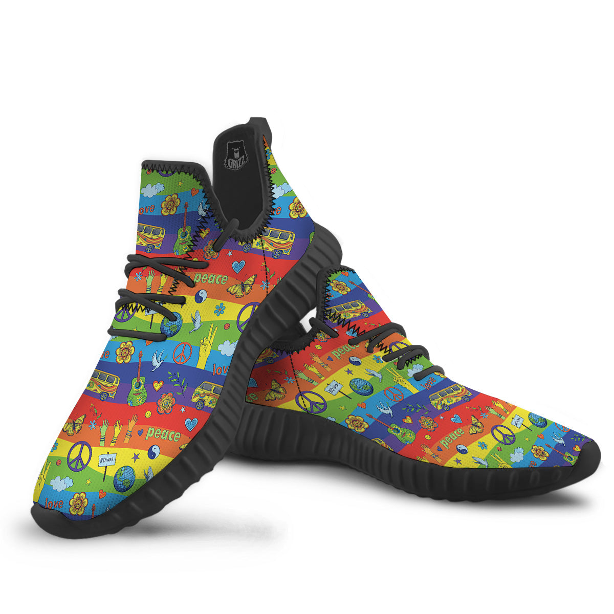 Hippie Drawing Psychedelic Wave Print Pattern Black Walking Shoes-grizzshop